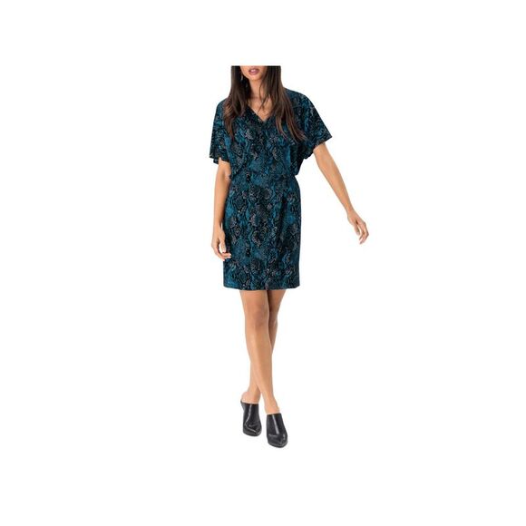 LEOTA Womens Stretch Flutter Sleeve Surplice Neckline Mini Party Faux Wrap Dress - Picture 3 of 3